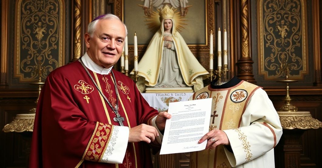 Portrait of Otmar De Grijse receiving a letter from John XXIII in a traditional Catholic setting.