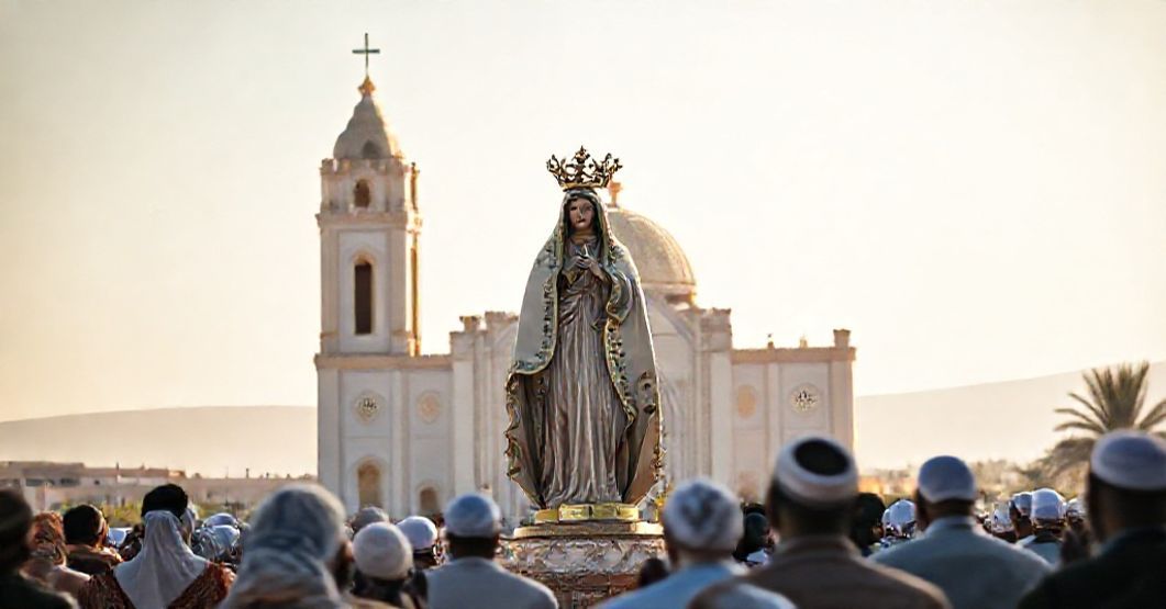 Shrine of Our Lady of Africa in Algiers with Catholics and Muslims in prayer, highlighting traditional Marian devotion and conciliar syncretism.