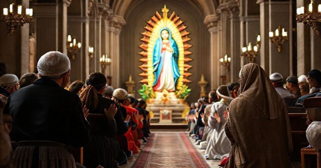 A traditional Catholic image of Our Lady of Guadalupe of Estremadura in a solemn cathedral setting with devout faithful kneeling in prayer.