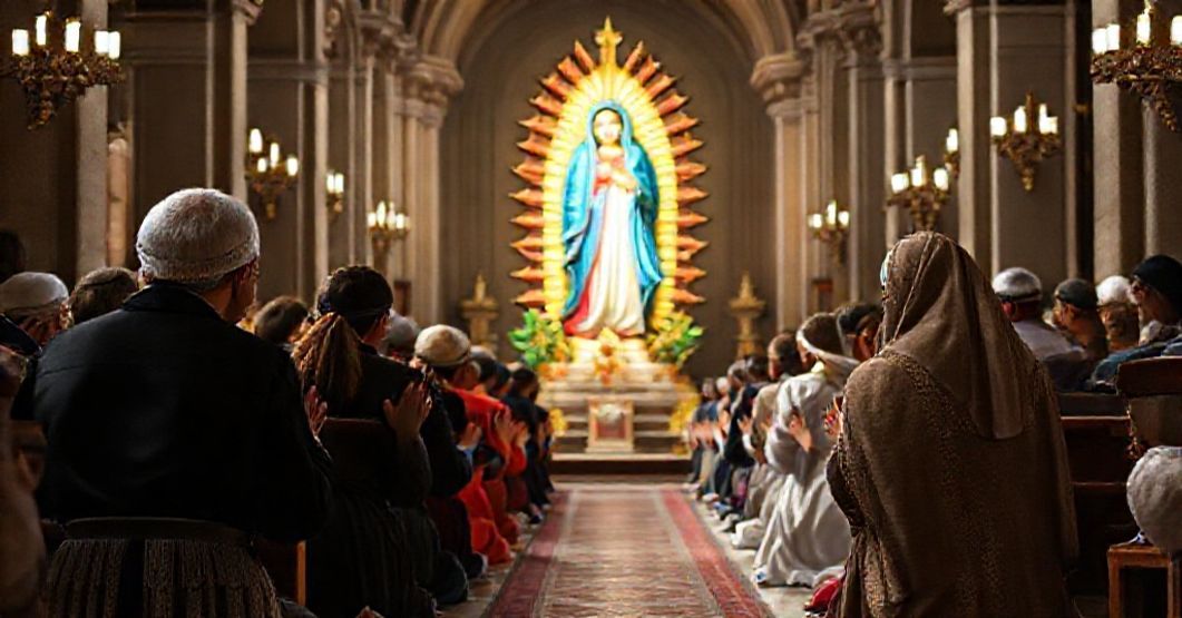 A traditional Catholic image of Our Lady of Guadalupe of Estremadura in a solemn cathedral setting with devout faithful kneeling in prayer.