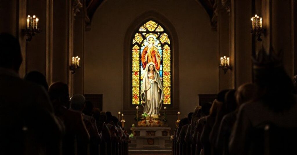 A traditional Catholic church interior with a statue of Our Lady of Izamal in Yucatán, set in a reverent atmosphere with devout clergy and laity praying.