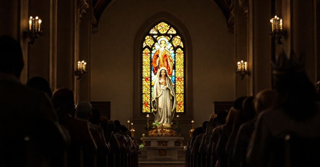 Our Lady of Izamal - A Marian Devotion Amid Usurped Authority A traditional Catholic church interior with a statue of Our Lady of Izamal in Yucatán, set in a reverent atmosphere with devout clergy and laity praying.