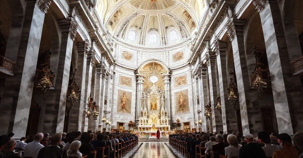 A traditional Catholic church interior showcasing the majestic architecture and Marian devotion of Our Lady of Mount Carmel in Padua.