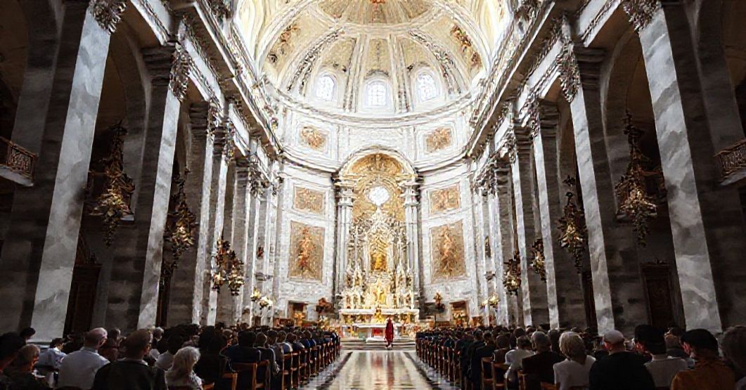 A traditional Catholic church interior showcasing the majestic architecture and Marian devotion of Our Lady of Mount Carmel in Padua.