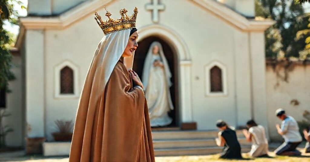 A solemn image of Our Lady of Mount Carmel standing before a traditional church in Papantla, surrounded by faithful kneeling in prayer.