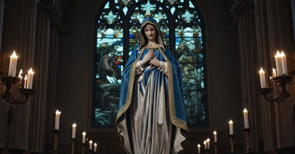 Statue of Our Lady of Peace in a Catholic church with stained-glass window depicting war devastation in the background.