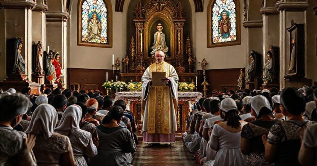 A solemn Catholic scene depicting the proclamation of Our Lady of Sorrows as patroness of Sololá diocese in Guatemala, with clergy and faithful gathered in prayer.