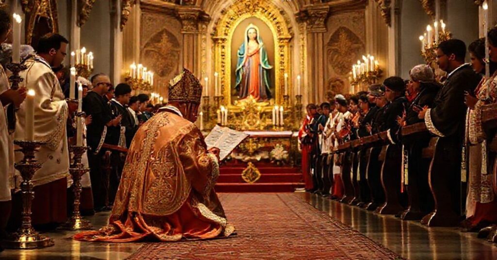 A traditional Catholic scene depicting the veneration of Our Lady of the Bridge in Sorocaba, Brazil, with a bishop and faithful gathered in prayer before a Marian image.