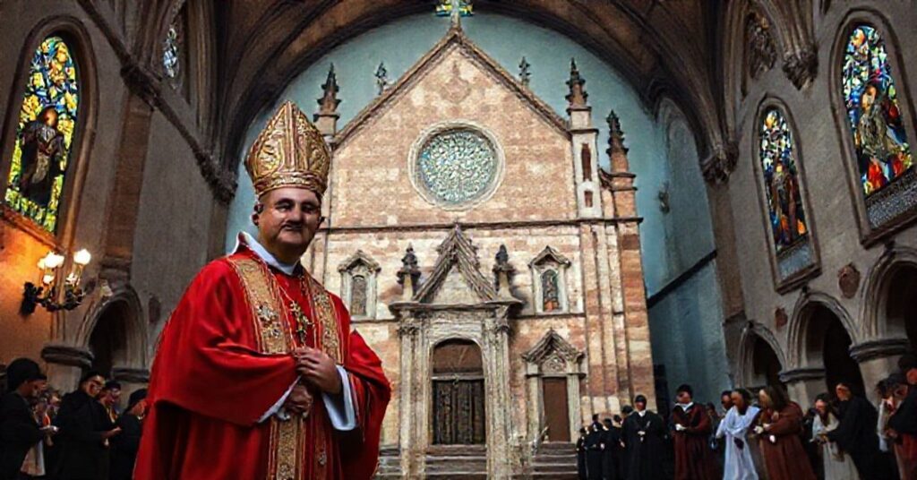Image of the historic Diocese of Osma (Oxomensis-Soriana) in Spain, featuring the church of St. Peter in Soria as a concathedral with a traditional Catholic bishop and faithful.