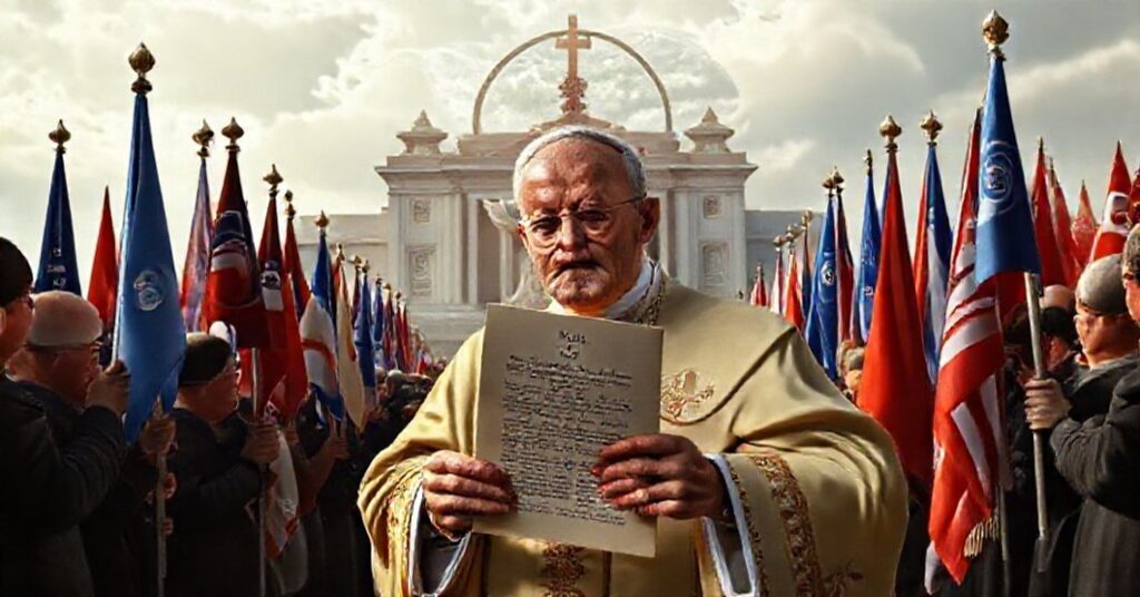 Usurper antipope John XXIII holding Pacem in terris surrounded by symbols of false peace and globalist insignia