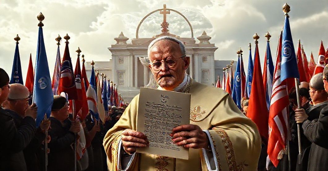 Usurper antipope John XXIII holding Pacem in terris surrounded by symbols of false peace and globalist insignia