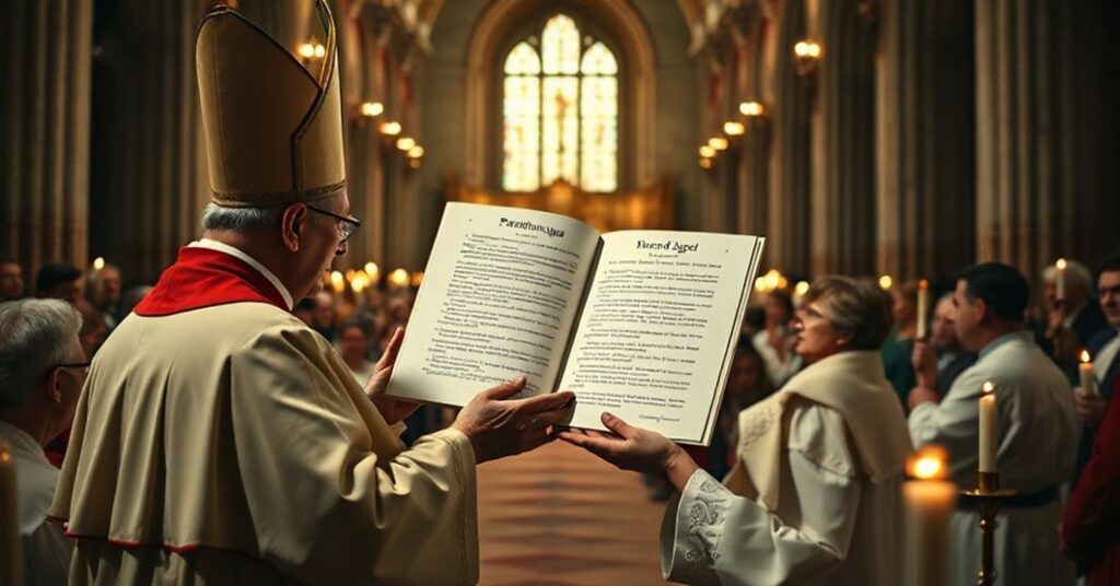 A solemn bishop in traditional vestments presents the 1962 encyclical Paenitentiam agere to a gathering of clergy and faithful in a grand cathedral.