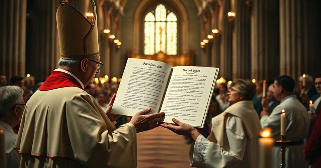 The Issuing of Paenitentiam Agere (1962) A solemn bishop in traditional vestments presents the 1962 encyclical Paenitentiam agere to a gathering of clergy and faithful in a grand cathedral.