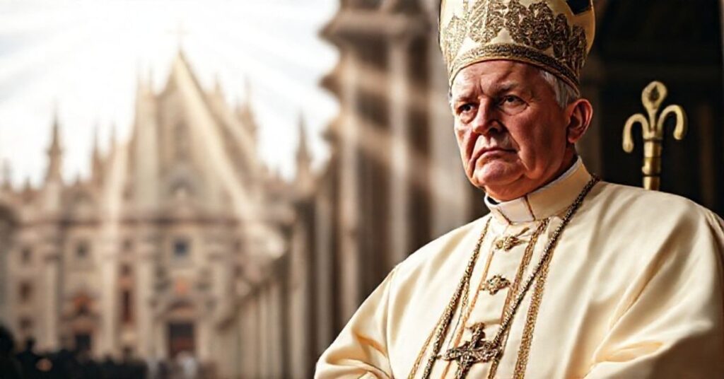 Pope John XXIII in traditional vestments before a grand cathedral, symbolizing the themes of truth unity and peace in the encyclical Ad Petri Cathedram.