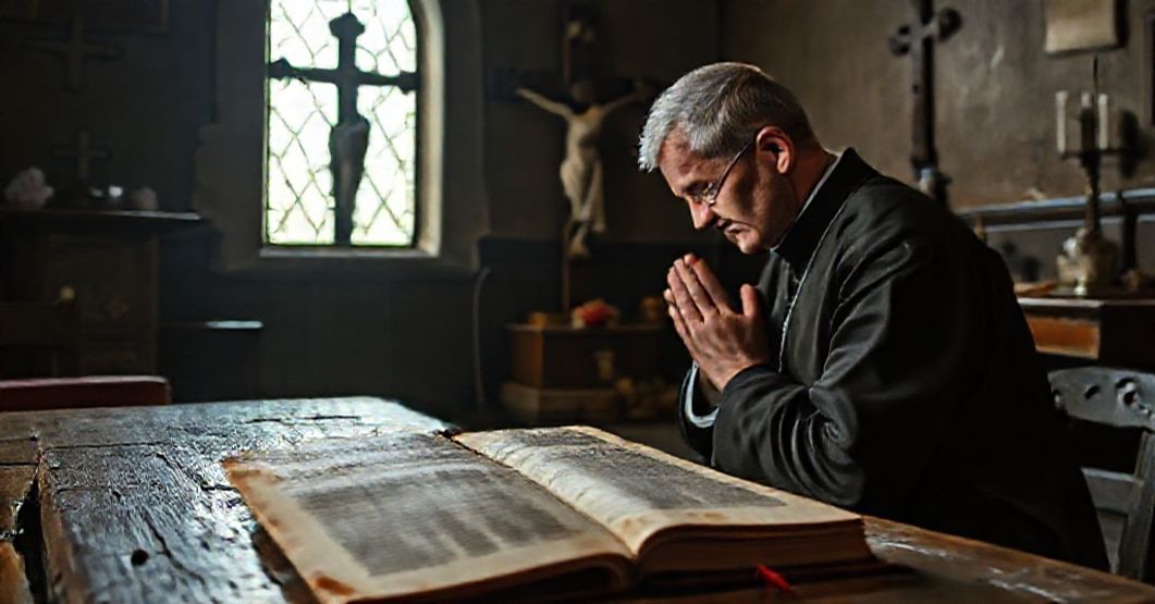 A Passionist priest in traditional habit kneeling in prayer before a crucifix with a faded manuscript of 'Salutiferos Cruciatus' (1959) on a wooden table in a dimly lit chapel.