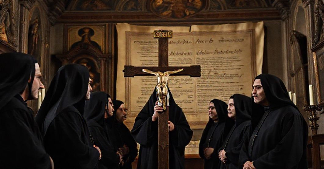Passionists in Traditional Devotion Amid Conciliar Apostasy Traditional Passionists in black habits praying before a historic chapel altar with liturgical art and symbols of the Passion.