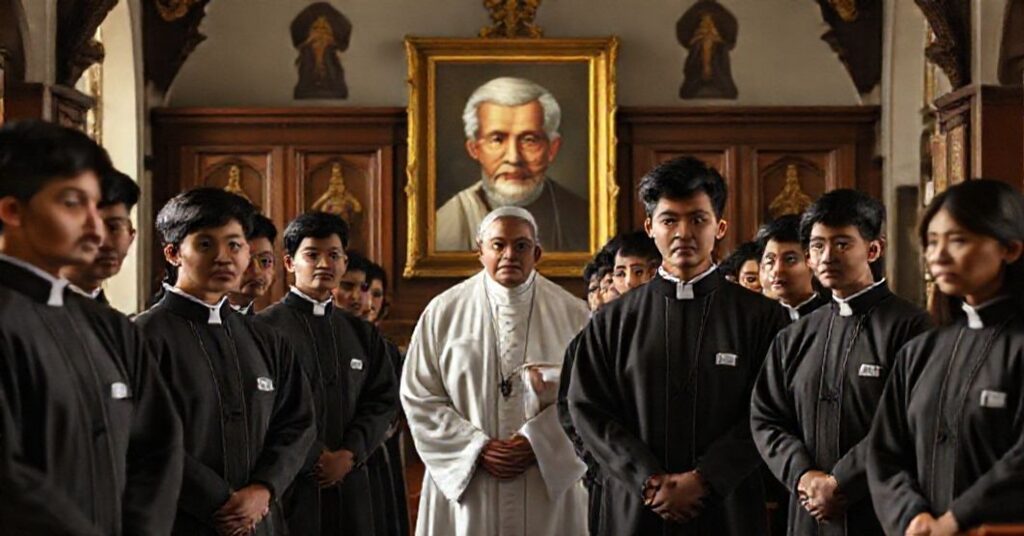 Young seminarians in traditional cassocks stand reverently in a Philippine seminary chapel, reflecting piety and discipline. The scene includes a subtle portrait of antipope John XXIII in the background.