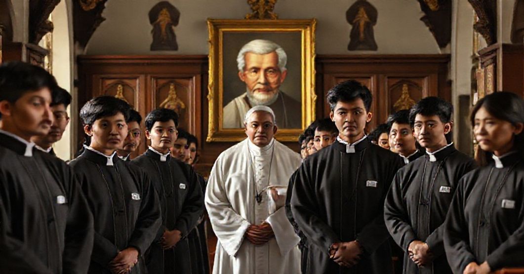 Young seminarians in traditional cassocks stand reverently in a Philippine seminary chapel, reflecting piety and discipline. The scene includes a subtle portrait of antipope John XXIII in the background.