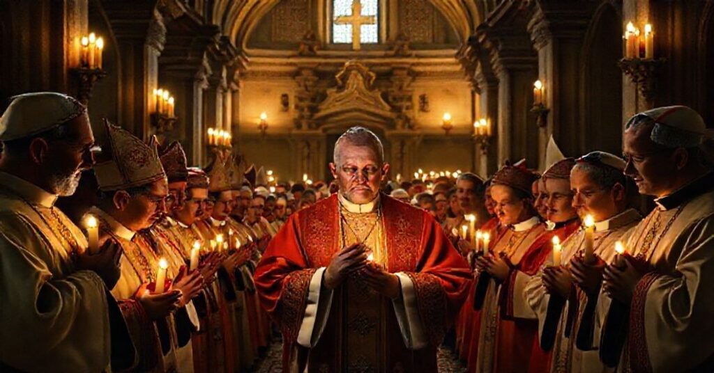 Bishops in traditional vestments praying in a candlelit chapel for Pentecost novena with John XXIII at the center, symbolizing both piety and spiritual deception.
