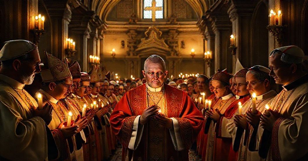 Bishops in traditional vestments praying in a candlelit chapel for Pentecost novena with John XXIII at the center, symbolizing both piety and spiritual deception.