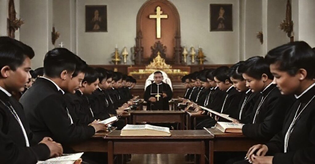 Young seminarians in traditional cassocks praying and studying in a serene Philippine seminary chapel, reflecting the apparent orthodoxy of John XXIII's 1961 letter 'Pater Misericordiarum'
