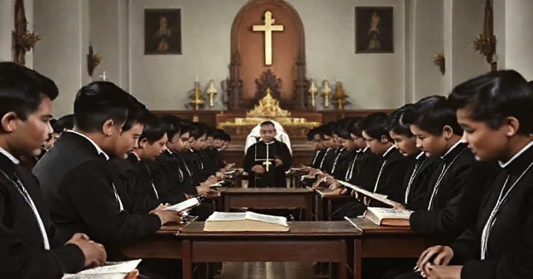 Traditional Seminary Life in 1961 Philippines Young seminarians in traditional cassocks praying and studying in a serene Philippine seminary chapel, reflecting the apparent orthodoxy of John XXIII's 1961 letter 'Pater Misericordiarum'