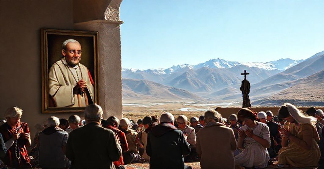 Pilgrims at the sanctuary of Our Lady of the Most Holy Rosary of the Río Blanco in Jujuy, with a solemn backdrop of John XXIII and Bishop Enrique Muhn.