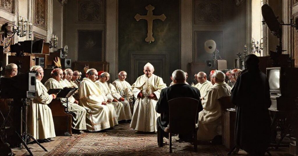 A group of bishops and clergy in a Vatican hall overseeing early media equipment, reflecting the Church's authority and moral guidance over cinema, radio, and television.