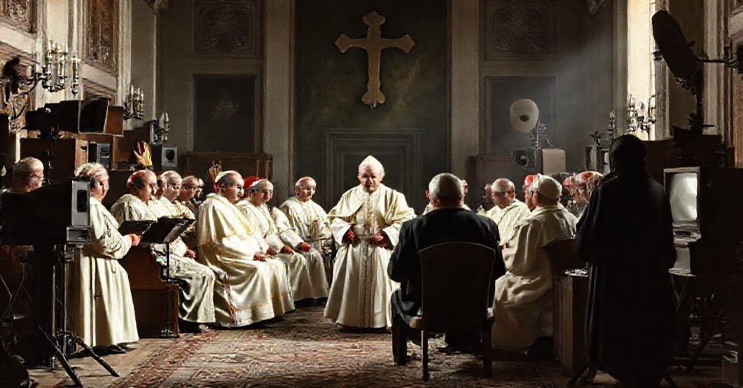 The Pontifical Commission for Media: Guarding Against Moral Corruption A group of bishops and clergy in a Vatican hall overseeing early media equipment, reflecting the Church's authority and moral guidance over cinema, radio, and television.