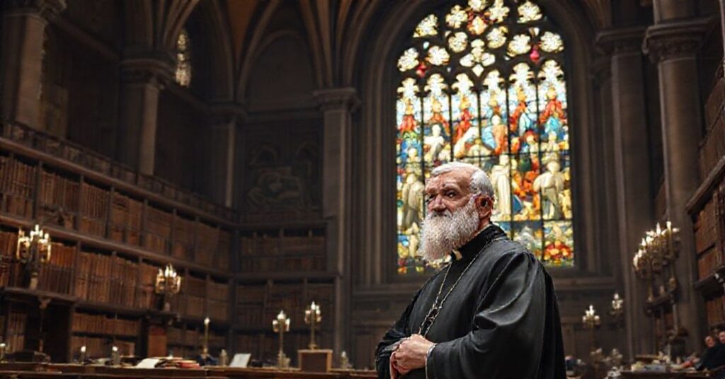 A solemn depiction of the historic Pontifical Lateran Athenaeum with a reflective elderly cleric in a Gothic-style hall symbolizing the shift from sacred doctrine to worldly academic prestige.