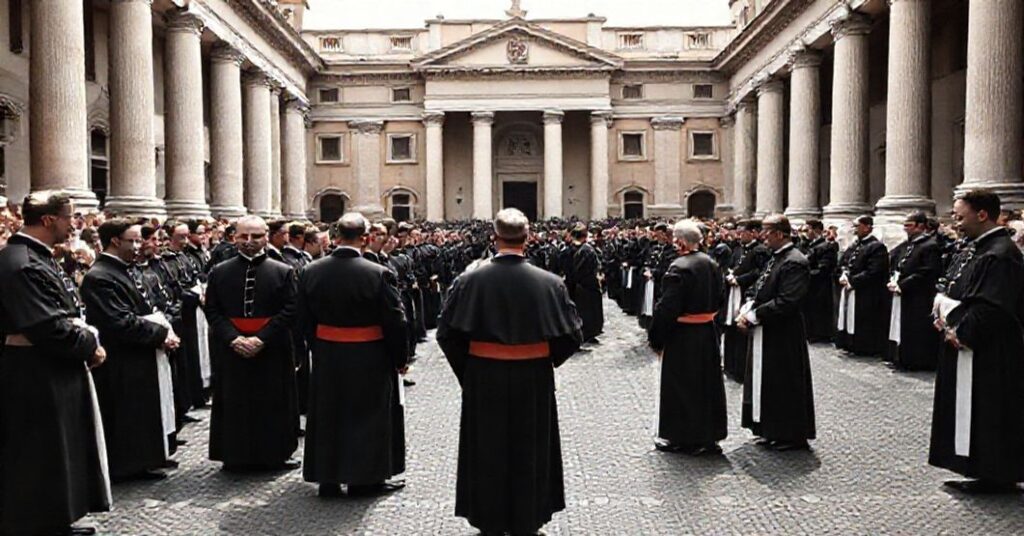 A solemn depiction of the Pontifical North American College in Rome during its 1959 centenary celebration, showcasing seminarians and clergy in traditional attire within a grand classical courtyard.