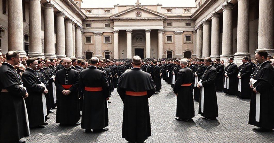 A solemn depiction of the Pontifical North American College in Rome during its 1959 centenary celebration, showcasing seminarians and clergy in traditional attire within a grand classical courtyard.