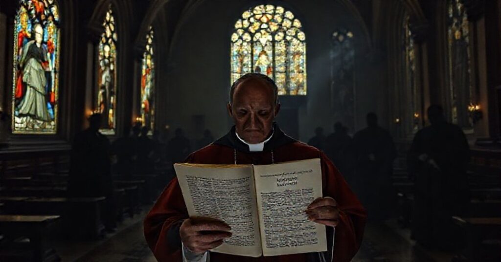 A reverent depiction of the Pontifical Urban University's historic hall with antipope John XXIII's document 'Fidei Propagandae,' symbolizing the institution's role in the Neo-Church's ecumenical agenda.