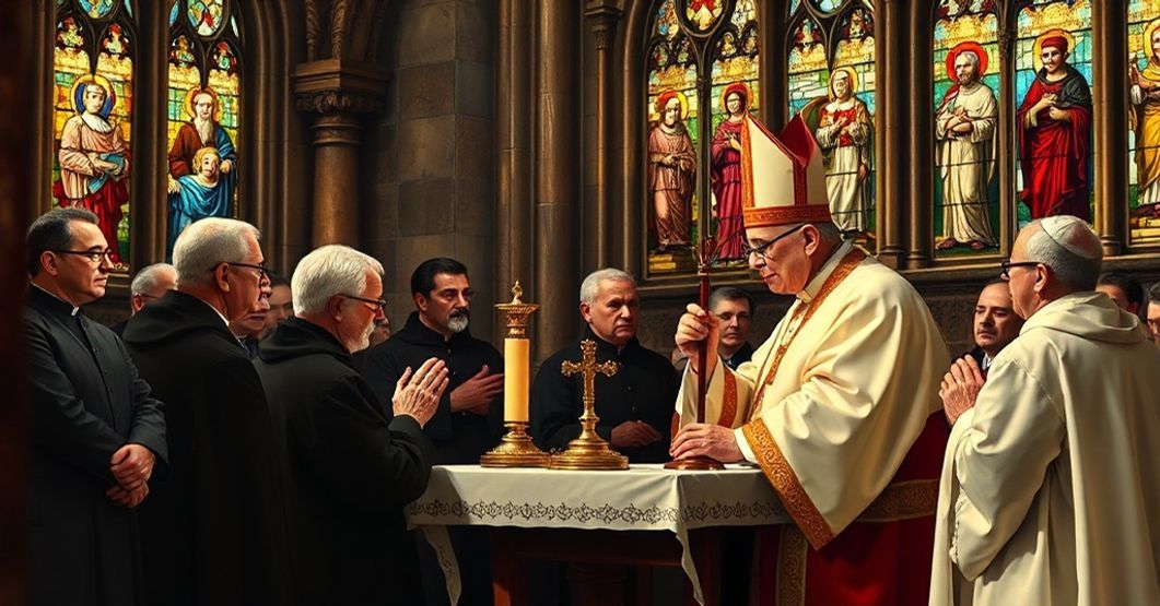 Depiction of Pope St. Gregory VII presiding over the 1059 Lateran Synod with Canons Regular of St. Augustine in traditional habits.