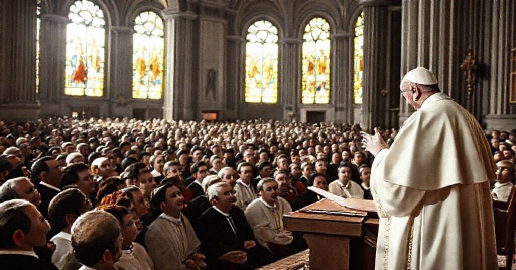 Pope John XXIII addressing Marian Congregation members in Novara, 1959. A solemn scene in a grand cathedral with traditional attendees.