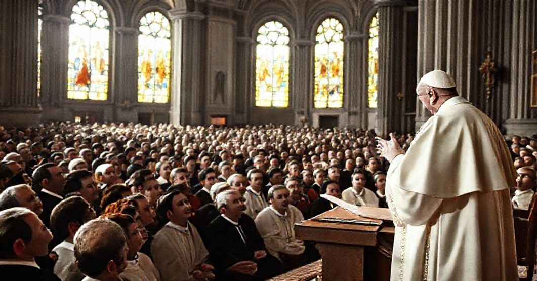 Pope John XXIII addressing Marian Congregation members in Novara, 1959. A solemn scene in a grand cathedral with traditional attendees.