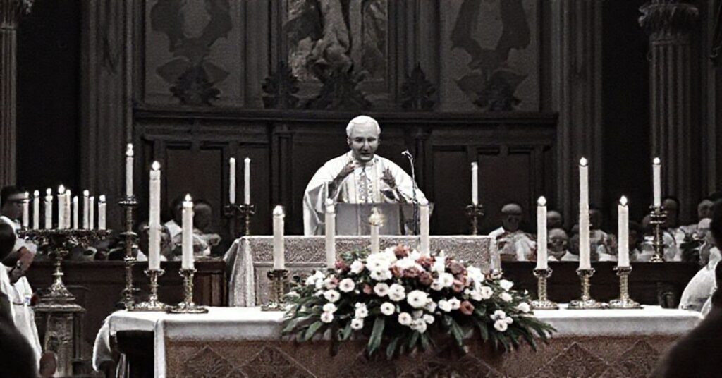 Pope John XXIII delivering a radiophonic message in 1959 with a Marian altar in the foreground, symbolizing the tension between traditional Marian devotion and the impending conciliar revolution.