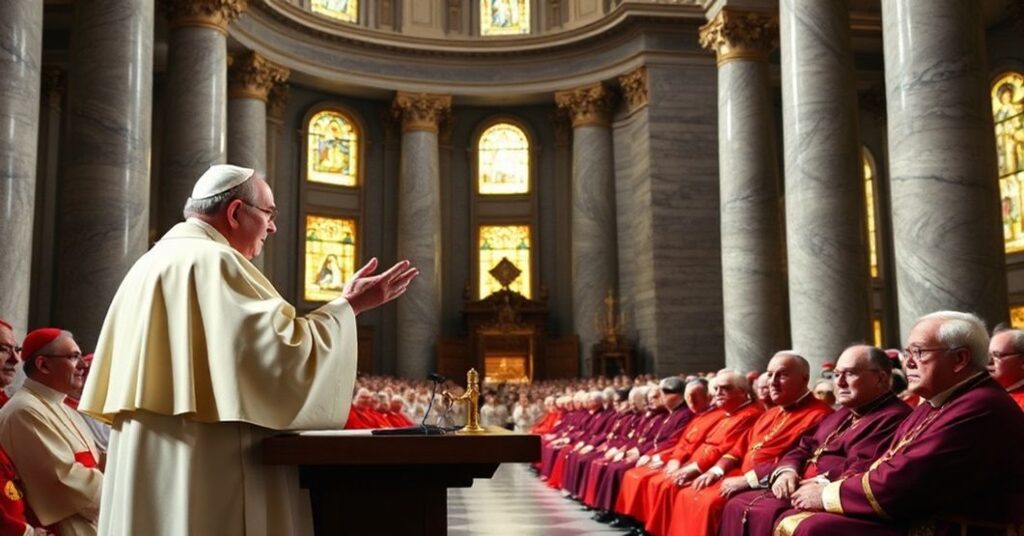 Pope John XXIII delivering his 1960 allocution in St. Peter's Basilica, surrounded by cardinals and bishops in traditional liturgical garb.