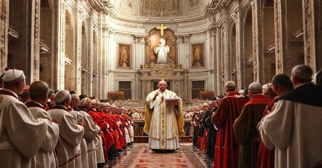 A solemn scene inside St. Peter's Basilica during the 1960 Roman Diocesan Synod, with Pope John XXIII delivering his closing allocution to cardinals, clergy, and laity.