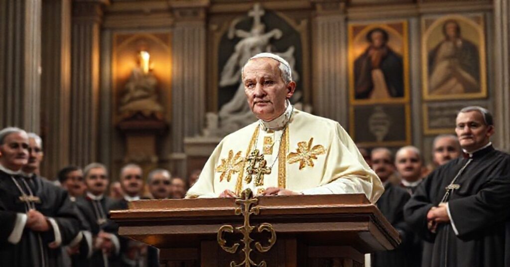 Pope John XXIII delivering his 1962 allocution on priestly vocations in a grand Vatican hall with traditional Catholic architecture.