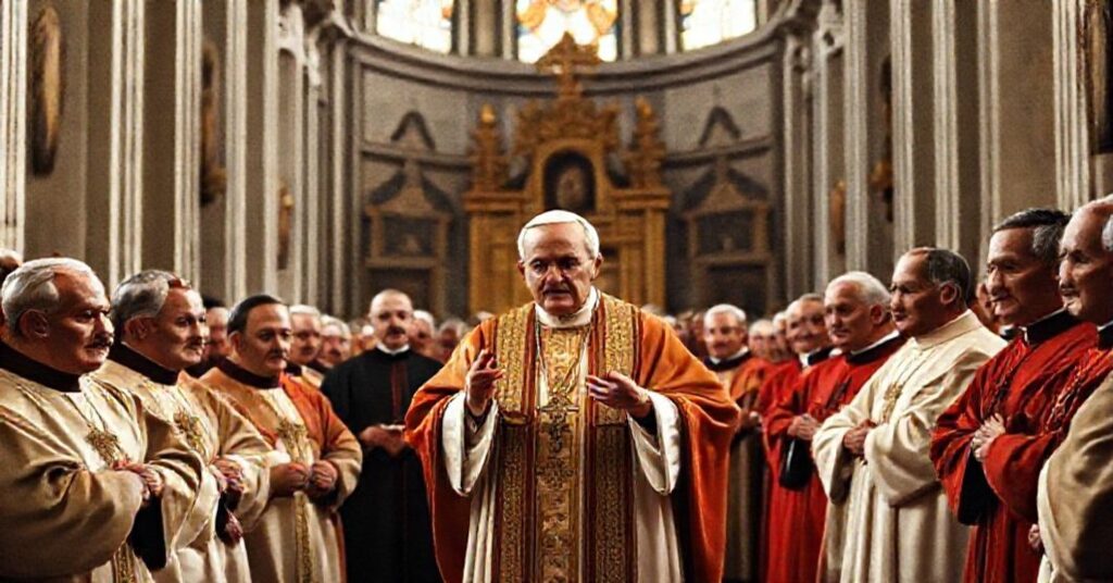 Pope John XXIII delivering his 1962 allocution in St. Peter's Basilica, surrounded by bishops in ceremonial vestments.