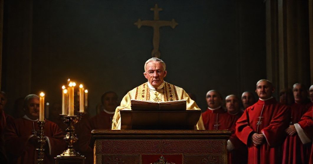 Pope John XXIII delivering a 1962 allocution to bishops and cardinals in a traditional Roman basilica, with dim candlelight and a sense of foreboding.