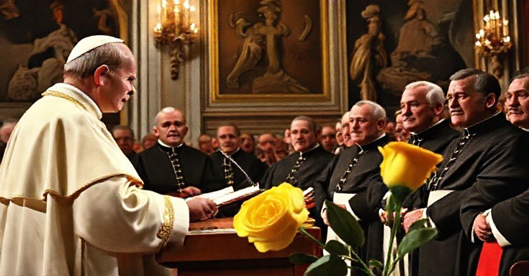 Pope John XXIII addressing bishops during his 1962 allocution at the Vatican, highlighting the doctrinal concerns and the contrast between traditional Catholicism and conciliar optimism.
