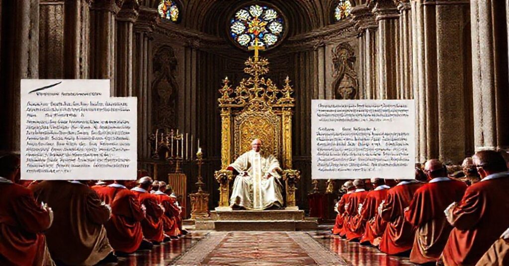 Pope John XXIII seated in the Papal Throne in St. Peter's Basilica issuing the encyclical Ad Petri Cathedram, surrounded by cardinals and bishops.