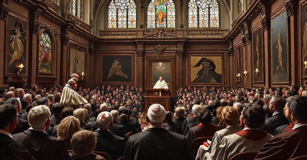 A realistic depiction of Pope John XXIII addressing delegates of the Federation of Catholic Universities in 1959.