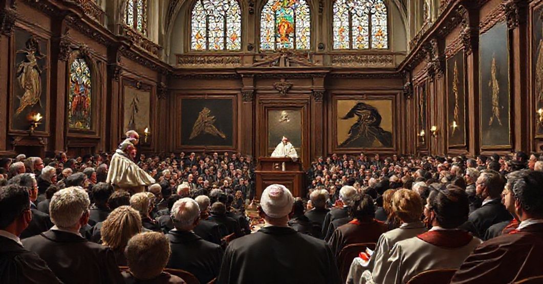 A realistic depiction of Pope John XXIII addressing delegates of the Federation of Catholic Universities in 1959.