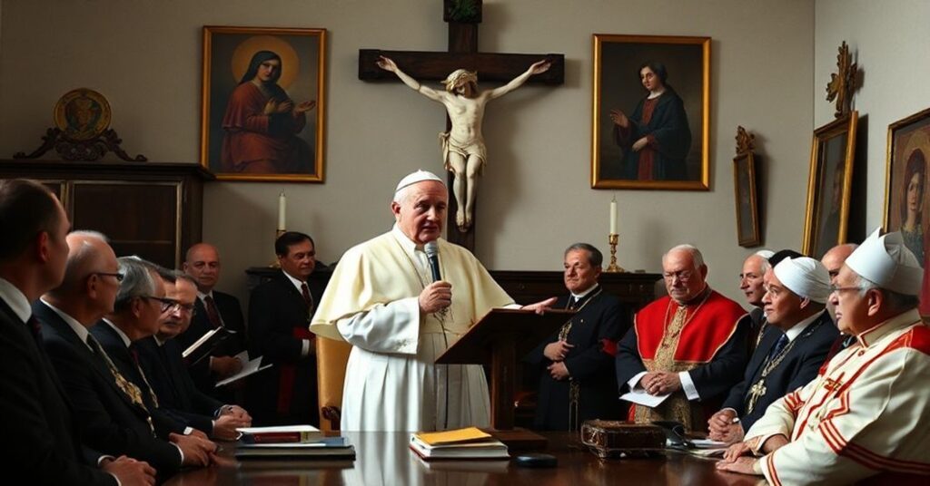 Pope John XXIII addressing members of the Secretariat for Promoting Christian Unity in 1962, reflecting the controversial ecumenical vision that diverged from traditional Catholic doctrine.