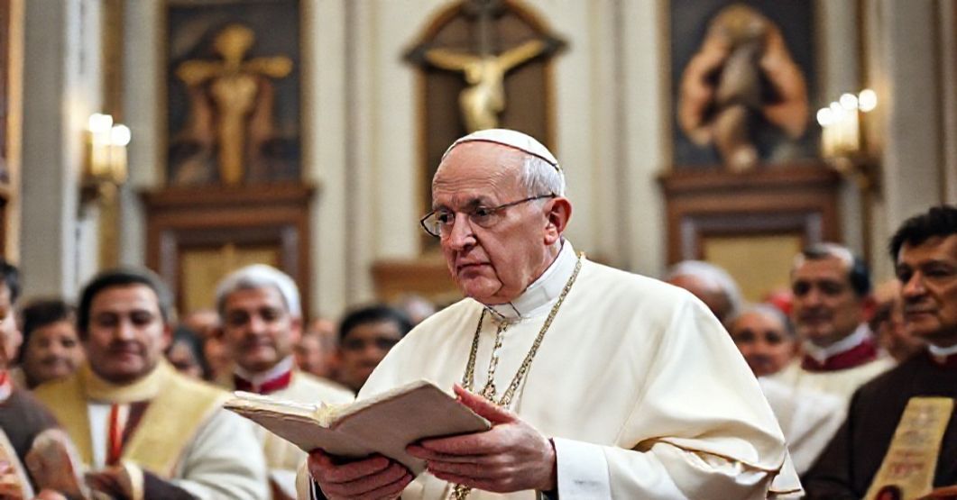 Pope John XXIII delivering an allocution in a Vatican hall, reflecting naturalistic pacifism and lacking supernatural clarity.