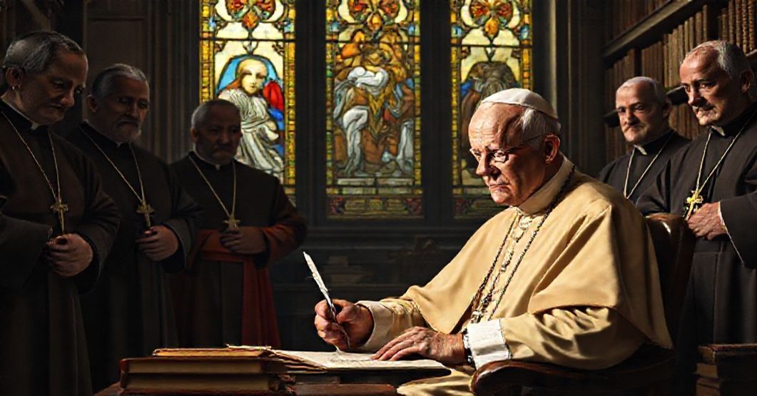 Pope John XXIII writing 'Apostolici Muneris' in the Vatican Library, surrounded by German bishops and relics of the Church.