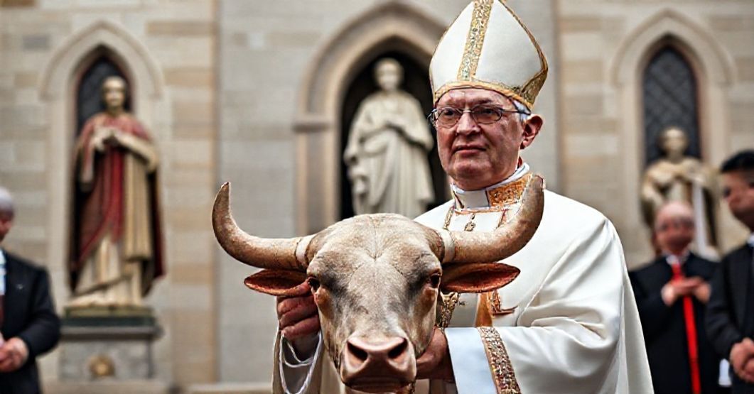 Pope John XXIII and the Abomination of Desolation in New Norcia Pope John XXIII holding a papal bull titled 'Beatam Mariam Virginem' with the abbey of New Norcia in Australia and statues of Mary and Saint Benedict in the background.